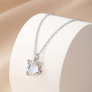 Ruby | Stainless Steel Rhinestone Moonstone Cat Necklace