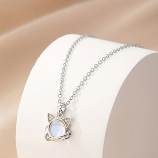 Ruby | Stainless Steel Rhinestone Moonstone Cat Necklace